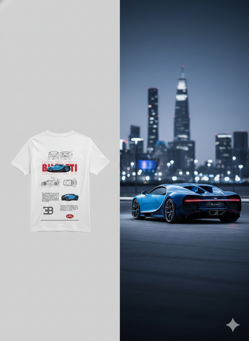 Bugatti Tribute: Premium Graphic Print Oversized T-Shirt – Classic White